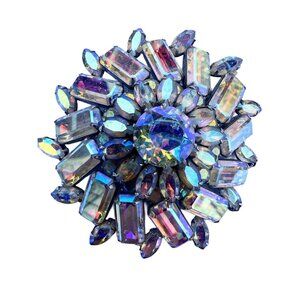 Vintage Aurora Borealis Rhinestone Sunburst Brooch Pin - Multicolor Sparkling